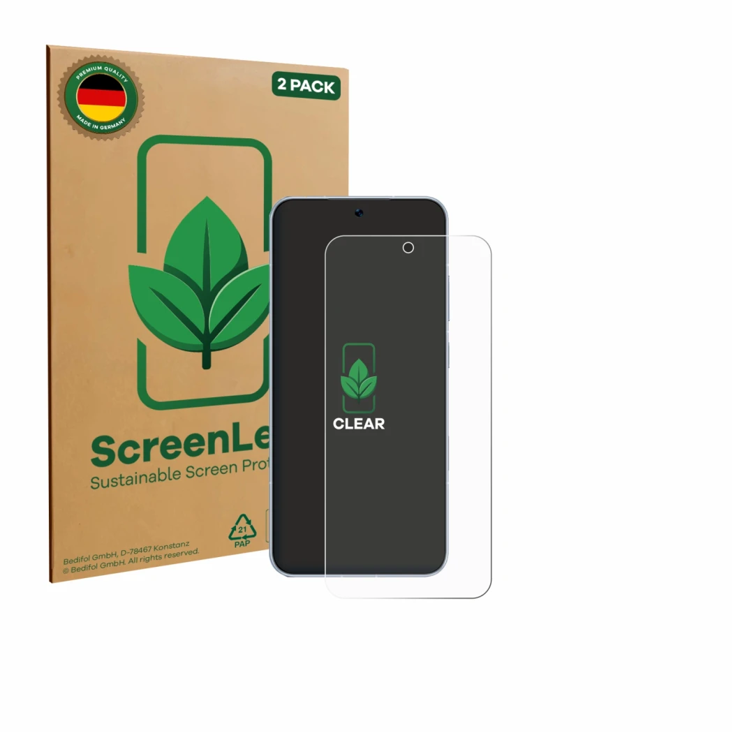 Vorderseite einer Produktverpackung mit dem Markenlogo ScreenLeaf. Daneben ist das Gerät Honor Win RT mit dem zugehörigen Disp