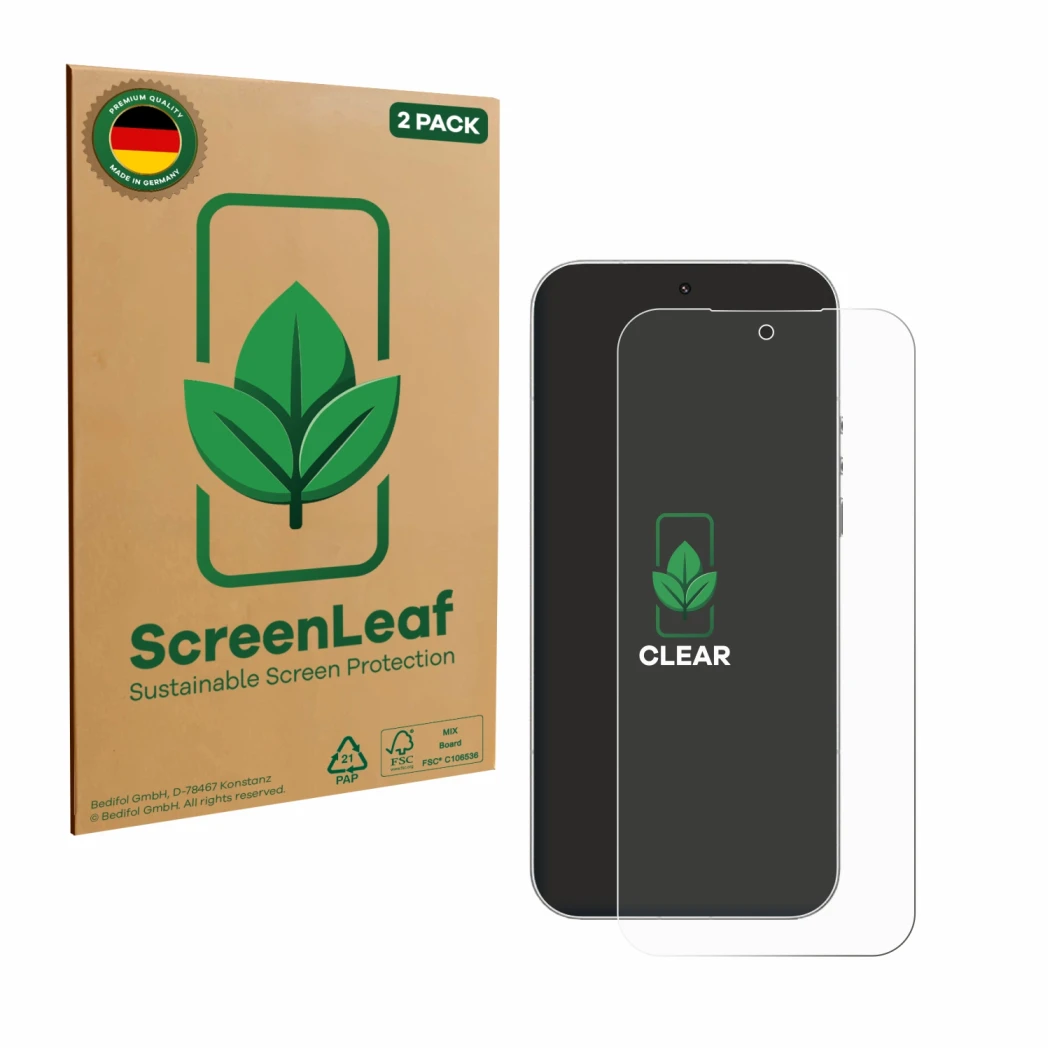 Vorderseite einer Produktverpackung mit dem Markenlogo ScreenLeaf. Daneben ist das Gerät Xiaomi 17 Ultra mit dem zugehörigen D