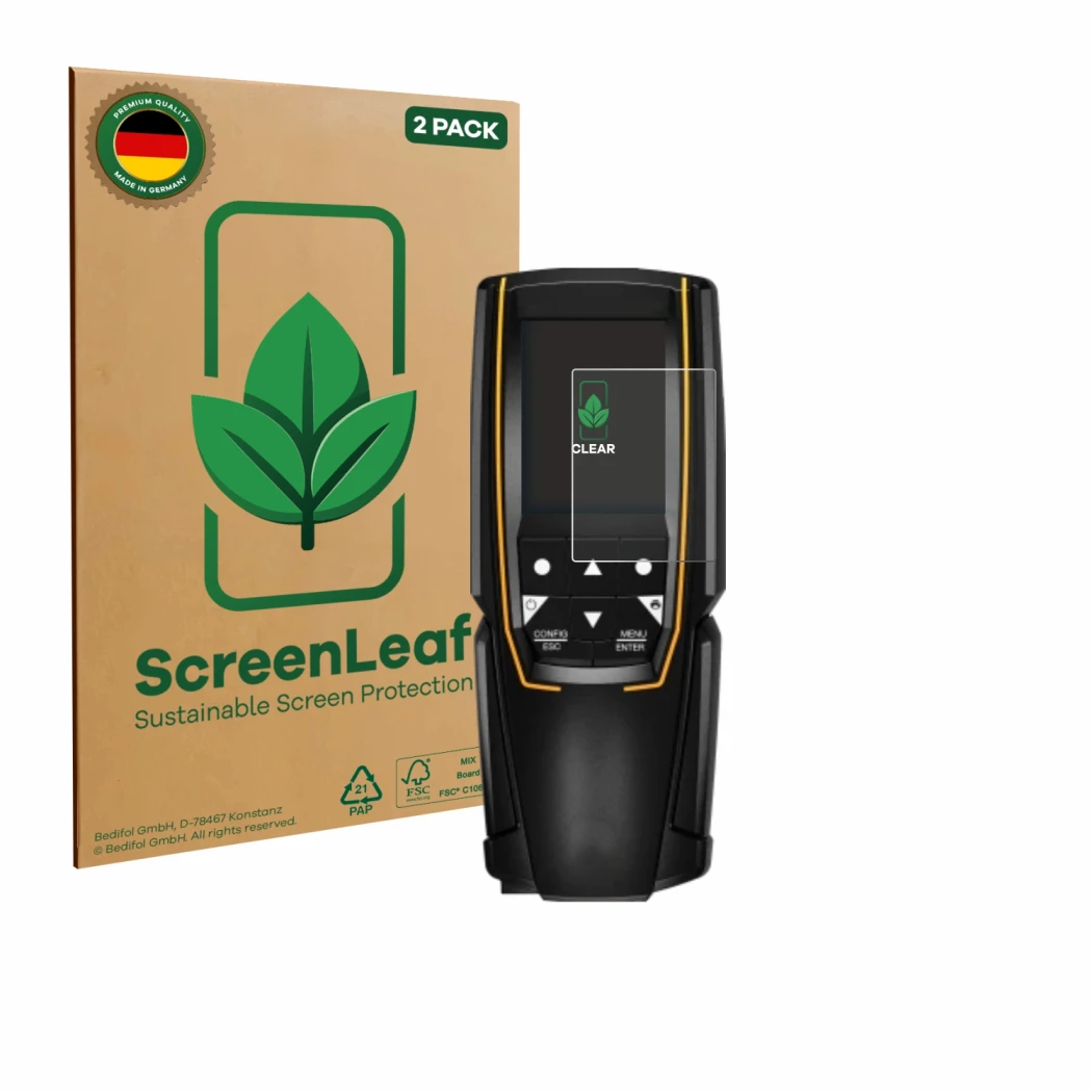 Vorderseite einer Produktverpackung mit dem Markenlogo ScreenLeaf. Daneben ist das Gerät Testo 310 (2. Gen.) mit dem zugehörig