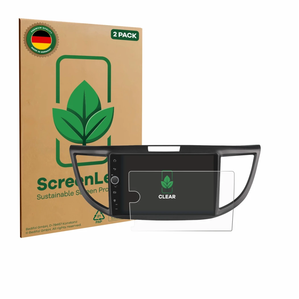 Vorderseite einer Produktverpackung mit dem Markenlogo ScreenLeaf. Daneben ist das Gerät Joying Car Radio 9