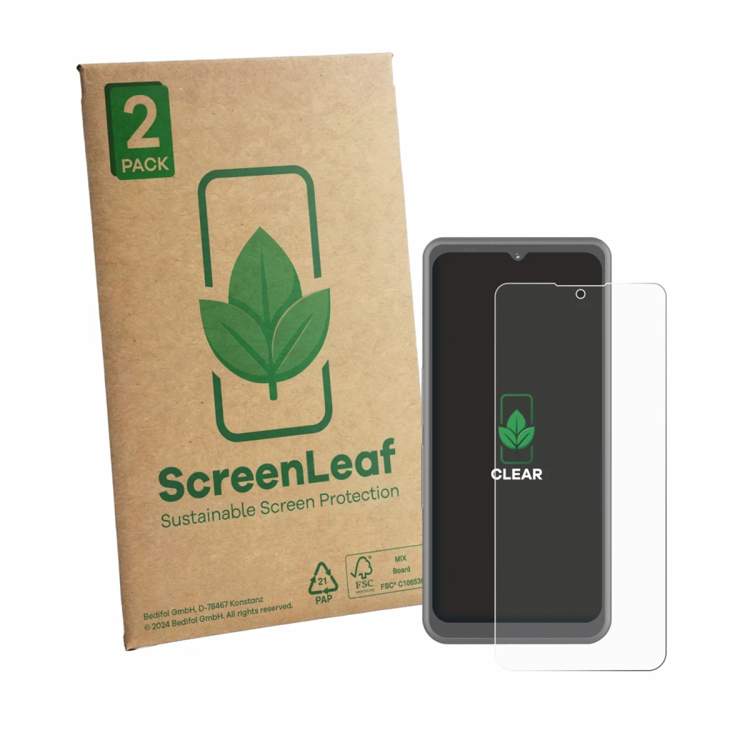 Vorderseite einer Produktverpackung mit dem Markenlogo ScreenLeaf. Daneben ist das Gerät Sonim XP Pro Thermal mit dem zugehöri