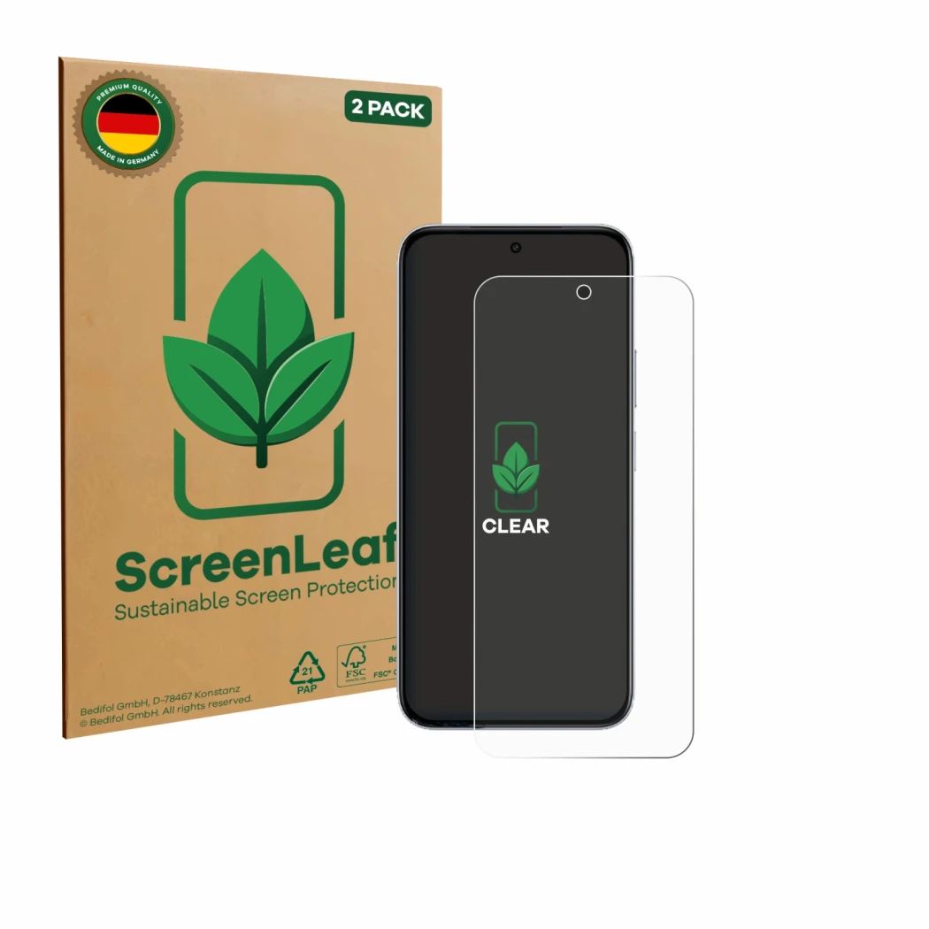 Vorderseite einer Produktverpackung mit dem Markenlogo ScreenLeaf. Daneben ist das Gerät Vivo Y500i mit dem zugehörigen Displa