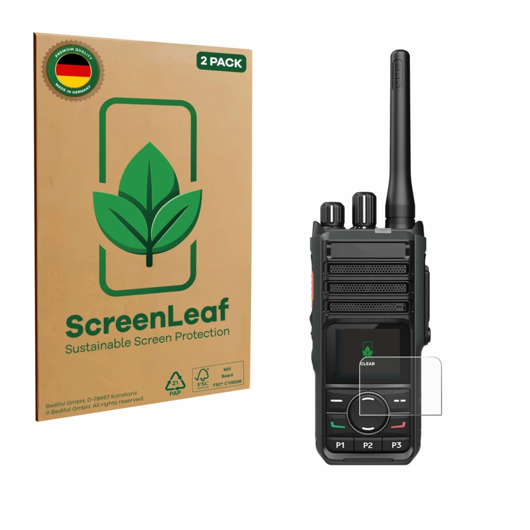 Vorderseite einer Produktverpackung mit dem Markenlogo ScreenLeaf. Daneben ist das Gerät Hytera HP565 mit dem zugehörigen Disp