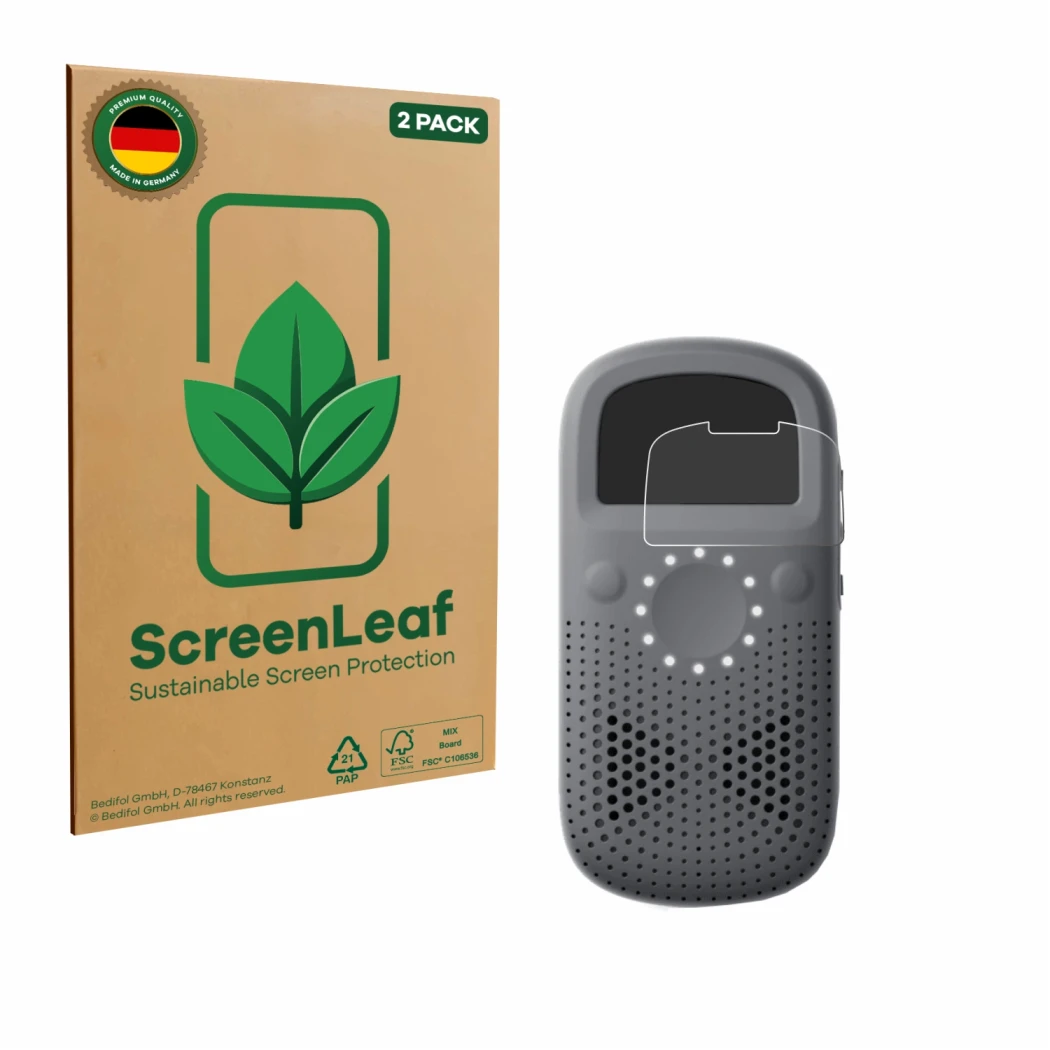 Vorderseite einer Produktverpackung mit dem Markenlogo ScreenLeaf. Daneben ist das Gerät Relay X mit dem zugehörigen Displaysc