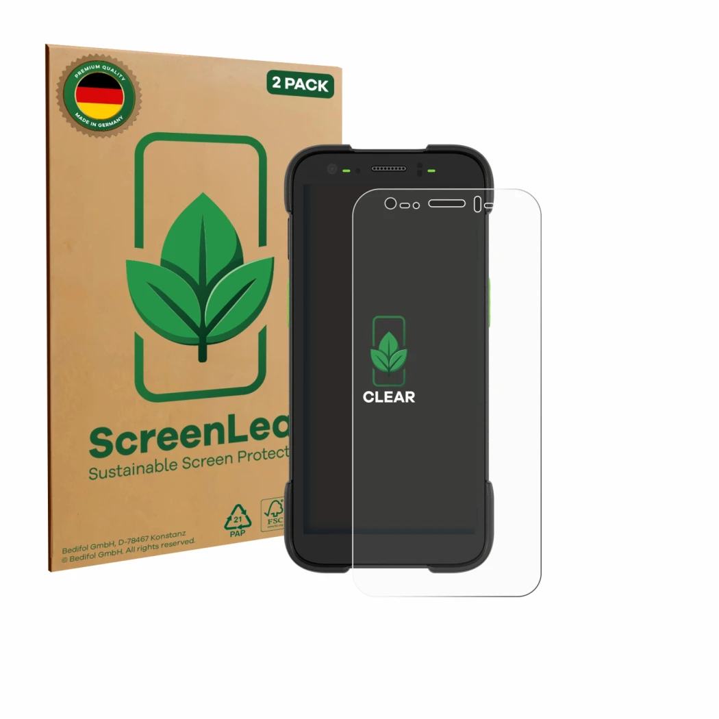 Vorderseite einer Produktverpackung mit dem Markenlogo ScreenLeaf. Daneben ist das Gerät Zebra TC701 mit dem zugehörigen Displ