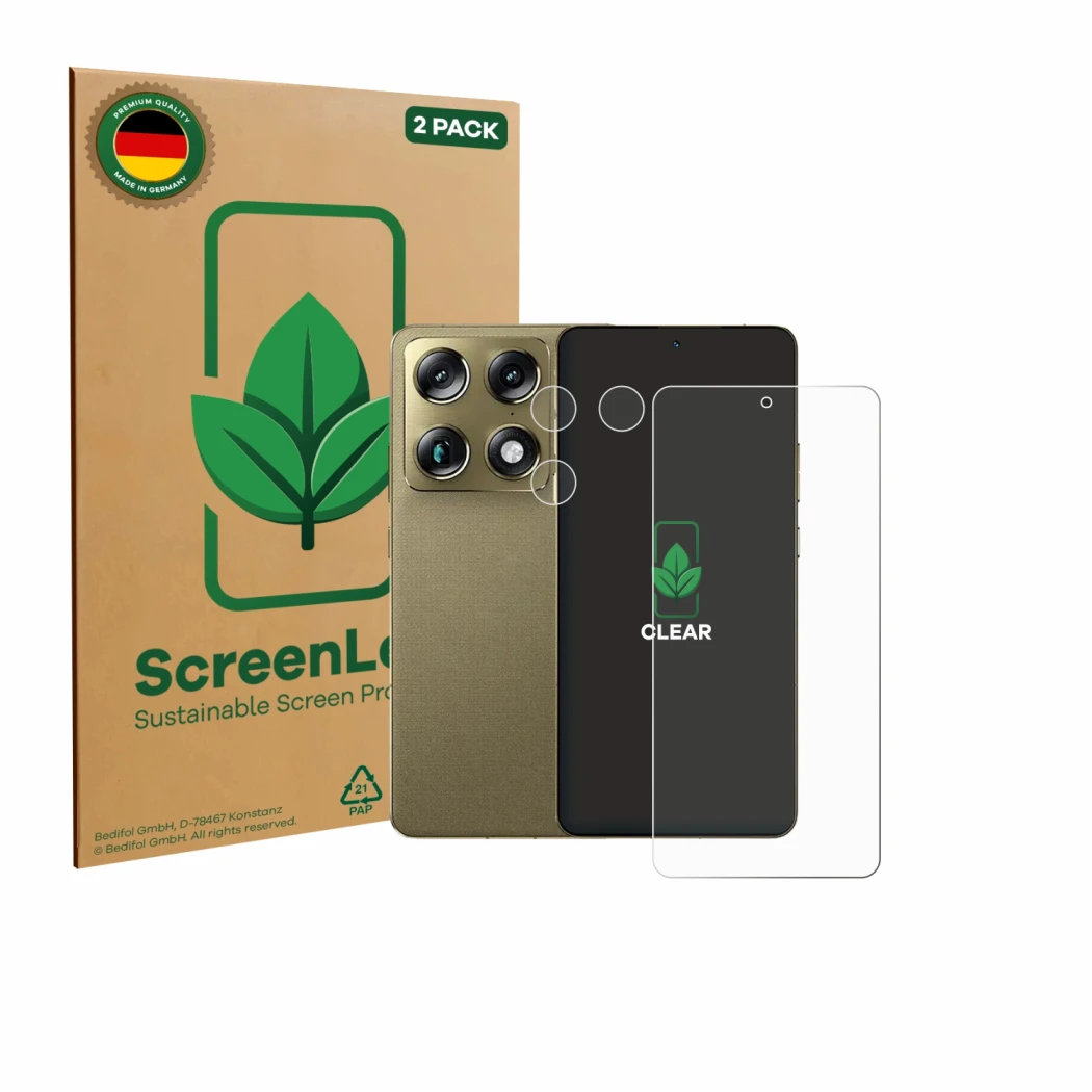 Vorderseite einer Produktverpackung mit dem Markenlogo ScreenLeaf. Daneben ist das Gerät Motorola Signature 165 (Display+Kamer