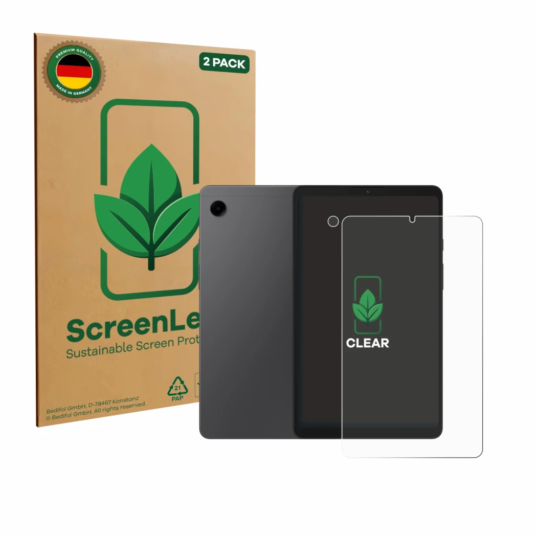 Vorderseite einer Produktverpackung mit dem Markenlogo ScreenLeaf. Daneben ist das Gerät Samsung Galaxy Tab A9 (Display+Kamera