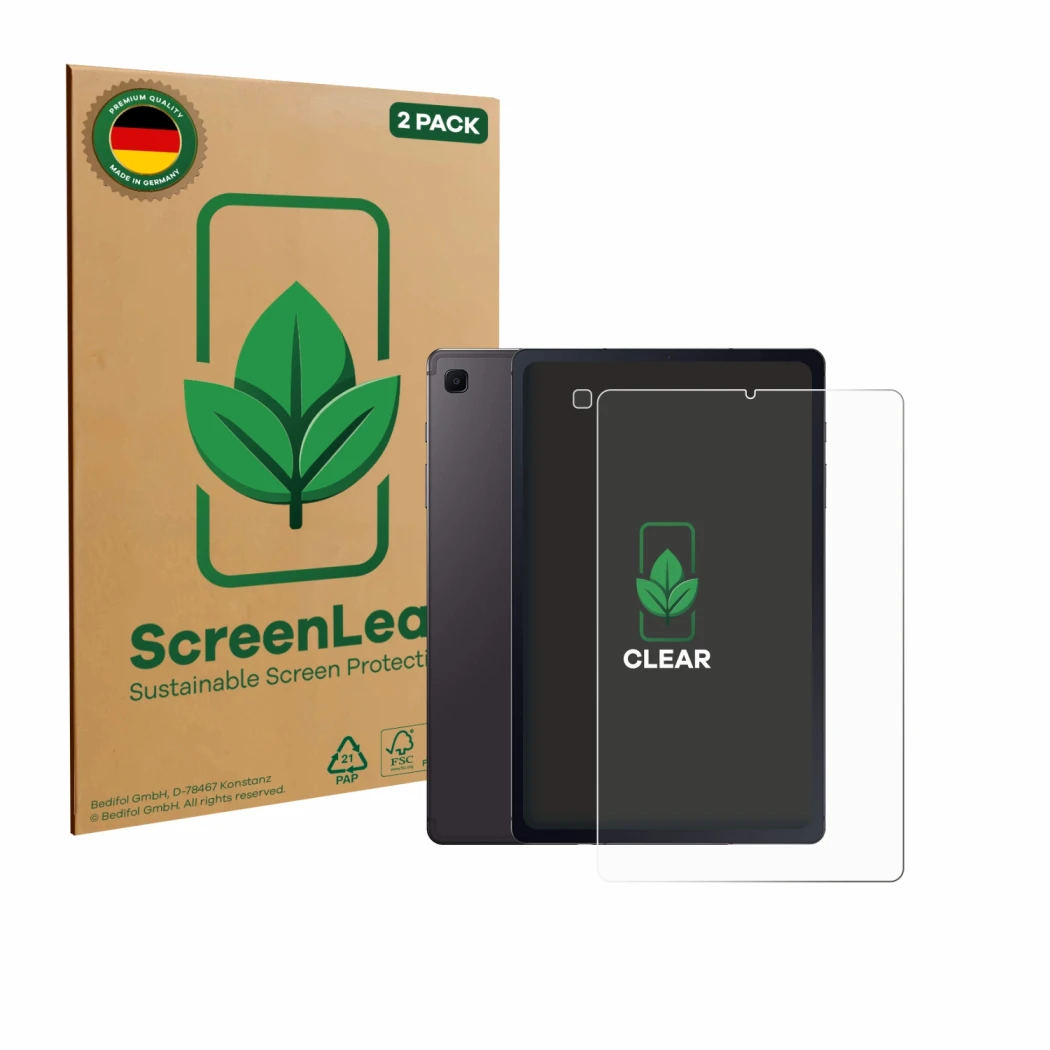 Vorderseite einer Produktverpackung mit dem Markenlogo ScreenLeaf. Daneben ist das Gerät Samsung Galaxy Tab S6 Lite 2020 (Disp