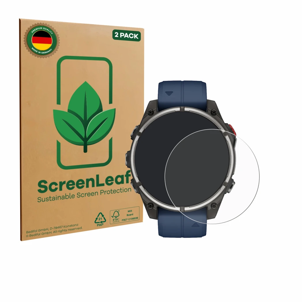 Vorderseite einer Produktverpackung mit dem Markenlogo ScreenLeaf. Daneben ist das Gerät Garmin quatix 8 Pro (47 mm) mit dem z