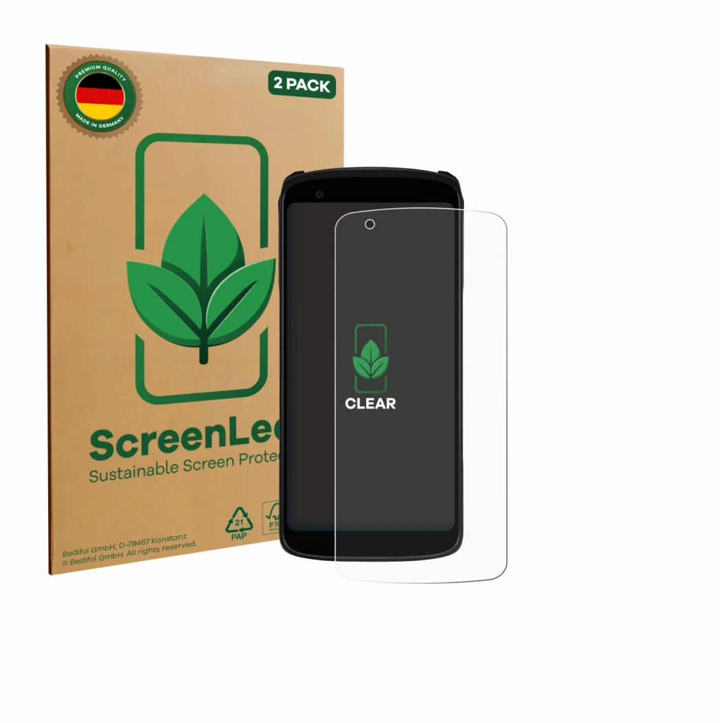 Vorderseite einer Produktverpackung mit dem Markenlogo ScreenLeaf. Daneben ist das Gerät Zebra TC22R mit dem zugehörigen Displ