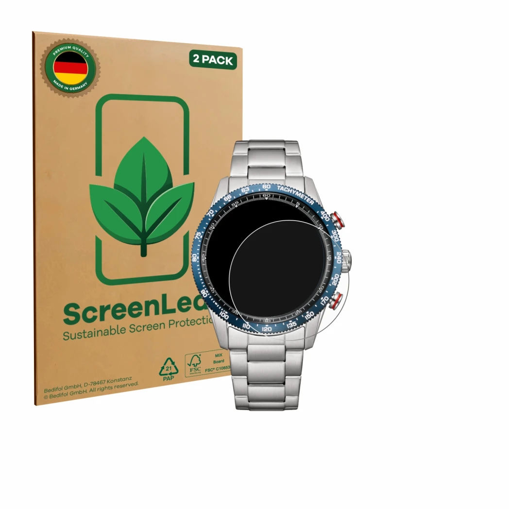 Vorderseite einer Produktverpackung mit dem Markenlogo ScreenLeaf. Daneben ist das Gerät Citizen CA4716-50L mit dem zugehörige
