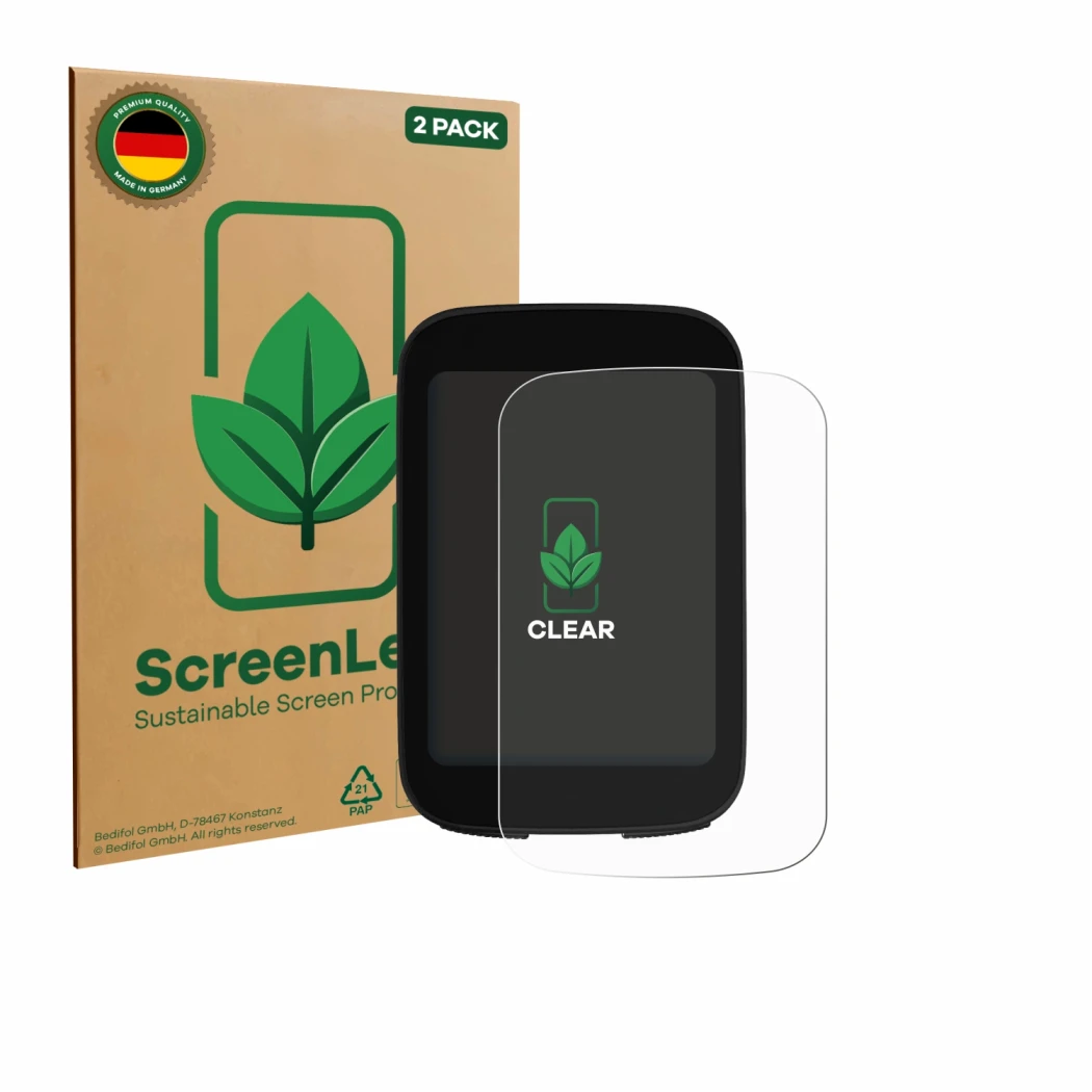 Vorderseite einer Produktverpackung mit dem Markenlogo ScreenLeaf. Daneben ist das Gerät Bikevee ‎BKV300B 2.4