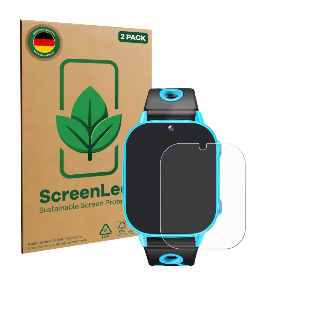 Vorderseite einer Produktverpackung mit dem Markenlogo ScreenLeaf. Daneben ist das Gerät idomars M003bk 1.8