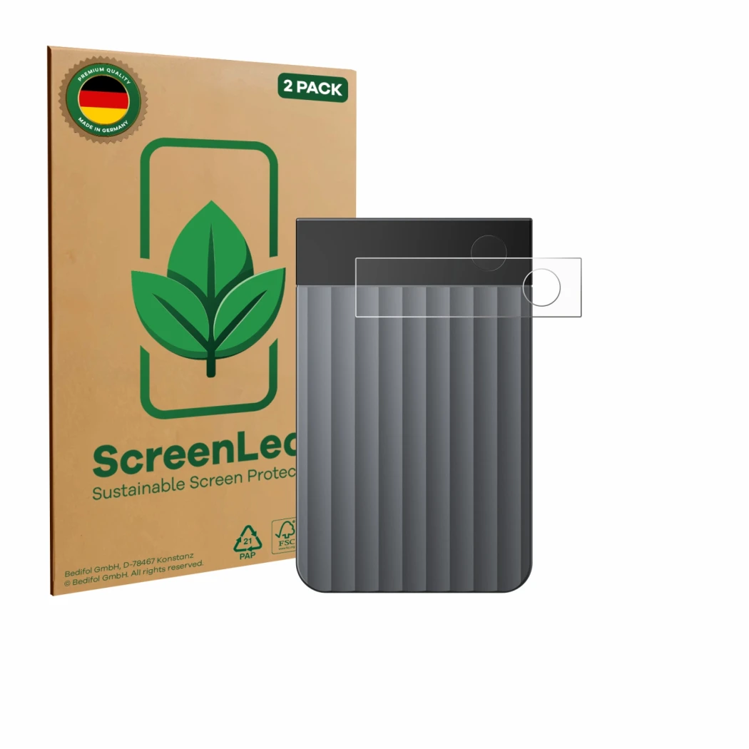 Vorderseite einer Produktverpackung mit dem Markenlogo ScreenLeaf. Daneben ist das Gerät PLAUD Note Pro mit dem zugehörigen Di