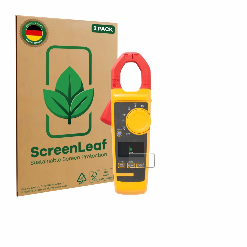 Vorderseite einer Produktverpackung mit dem Markenlogo ScreenLeaf. Daneben ist das Gerät Fluke 325 mit dem zugehörigen Display