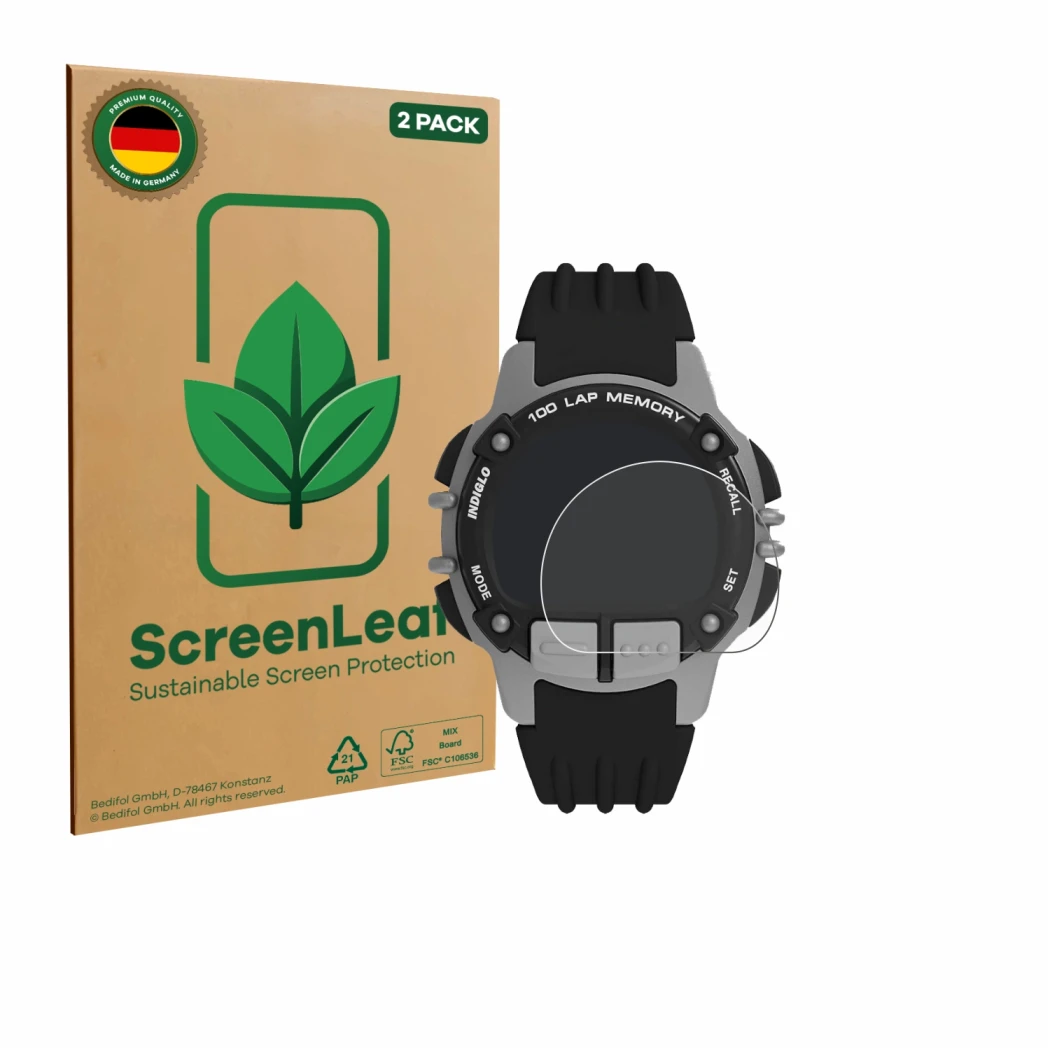 Vorderseite einer Produktverpackung mit dem Markenlogo ScreenLeaf. Daneben ist das Gerät Timex Ironman TW5M63200 mit dem zugeh