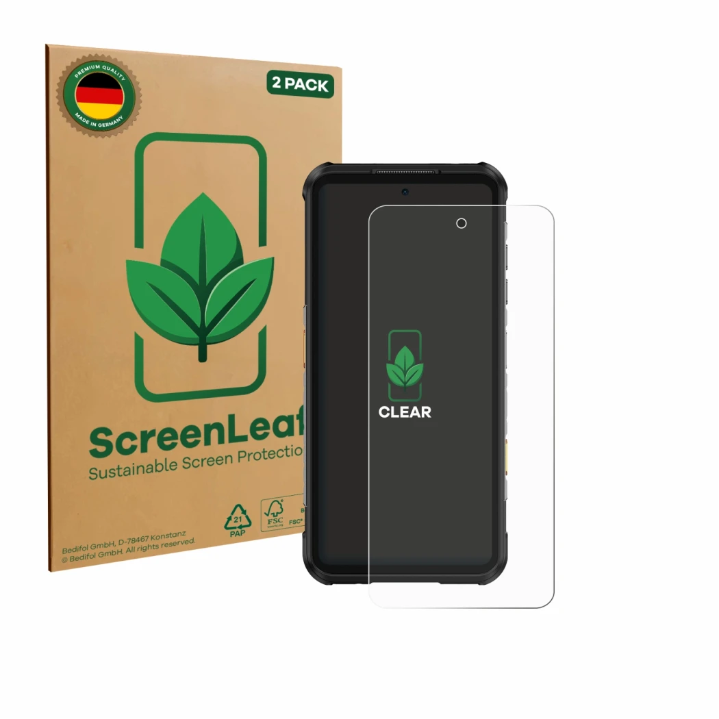 Vorderseite einer Produktverpackung mit dem Markenlogo ScreenLeaf. Daneben ist das Gerät Ulefone RugOne Xever 7 Pro mit dem zu