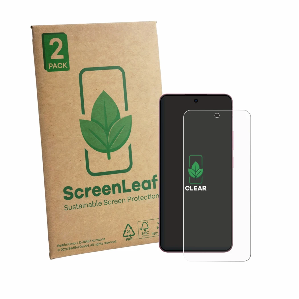 Vorderseite einer Produktverpackung mit dem Markenlogo ScreenLeaf. Daneben ist das Gerät realme P4 Lite mit dem zugehörigen Di