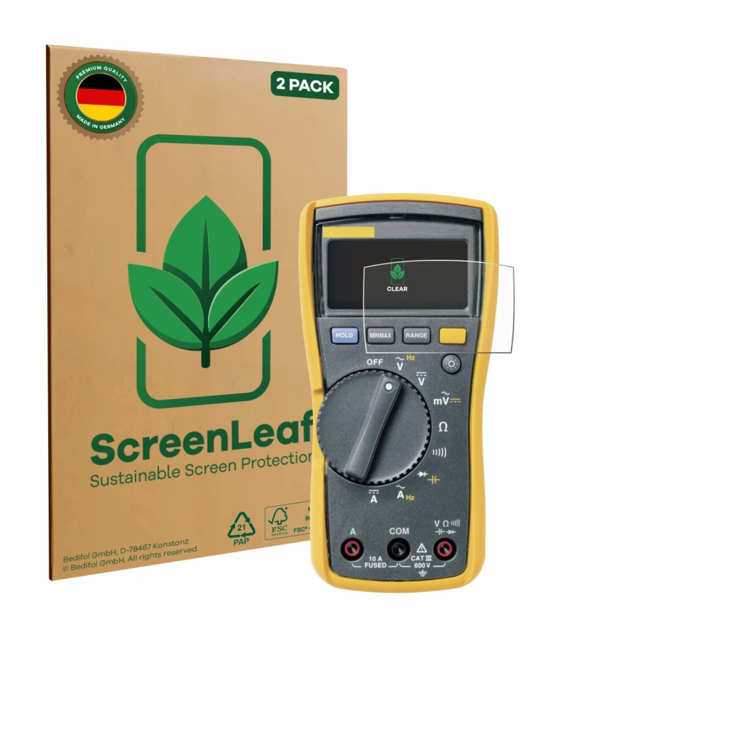 Vorderseite einer Produktverpackung mit dem Markenlogo ScreenLeaf. Daneben ist das Gerät Fluke MultiMeter 113 mit dem zugehöri