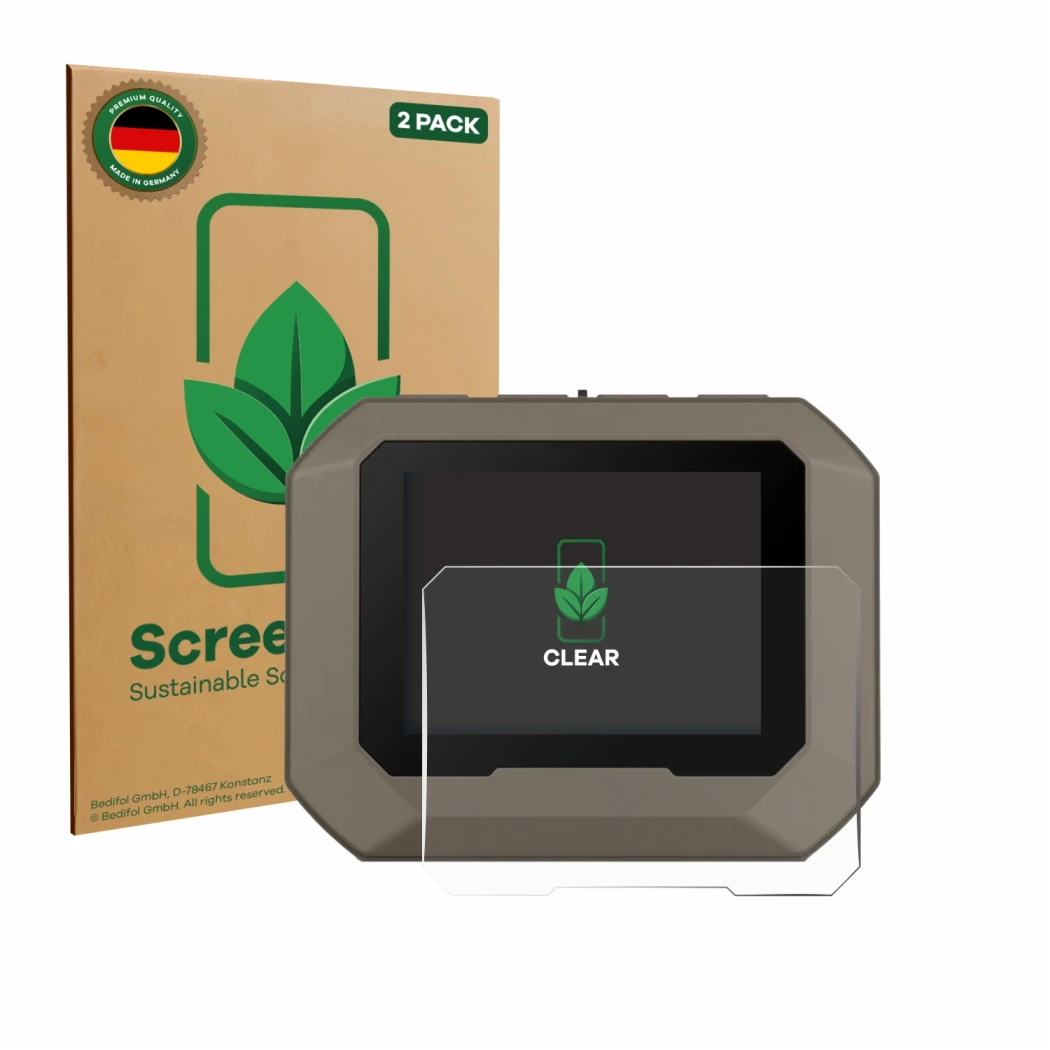 Vorderseite einer Produktverpackung mit dem Markenlogo ScreenLeaf. Daneben ist das Gerät Garmin Xero C2 mit dem zugehörigen Di