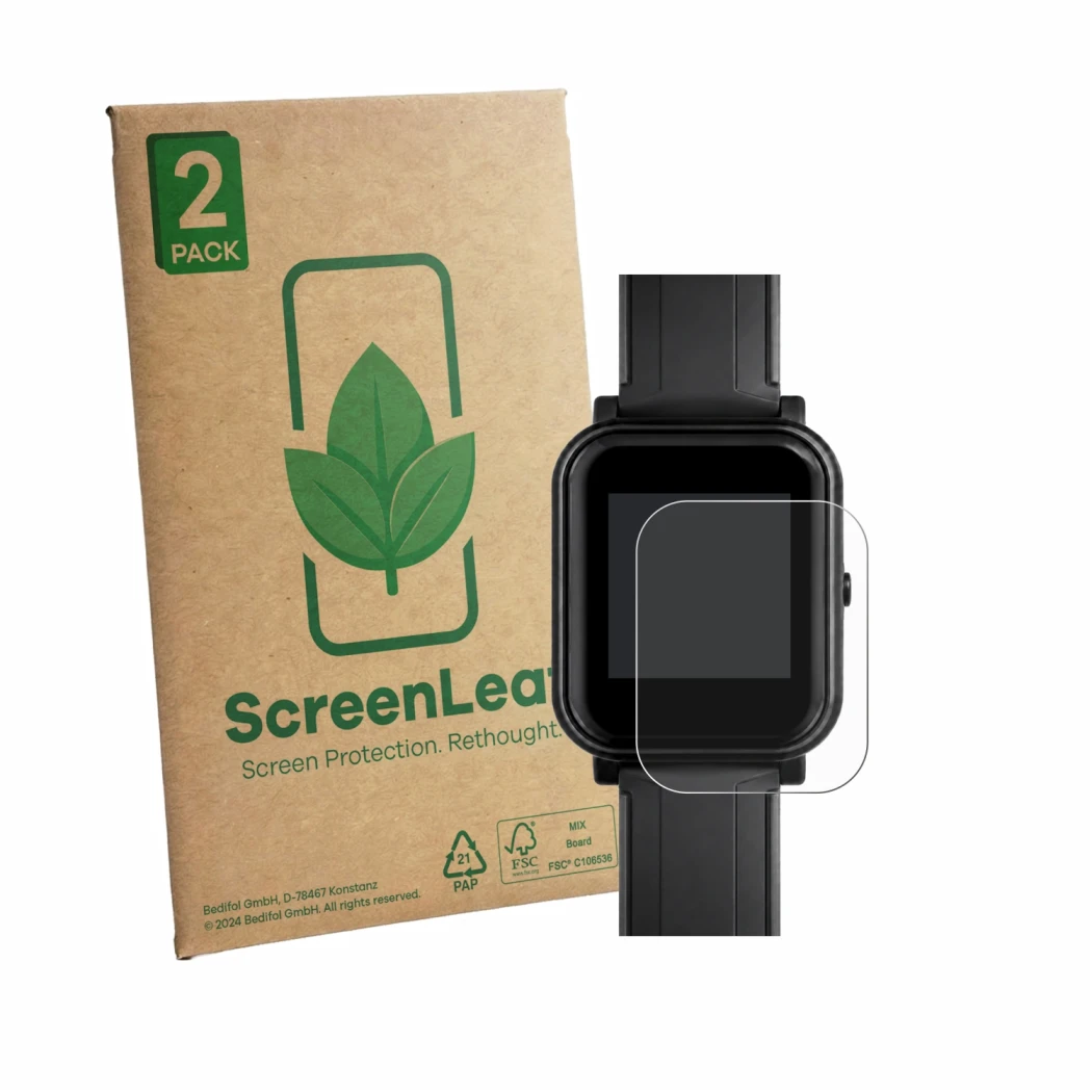 Vorderseite einer Produktverpackung mit dem Markenlogo ScreenLeaf. Daneben ist das Gerät Bangle.js 2 mit dem zugehörigen Displ