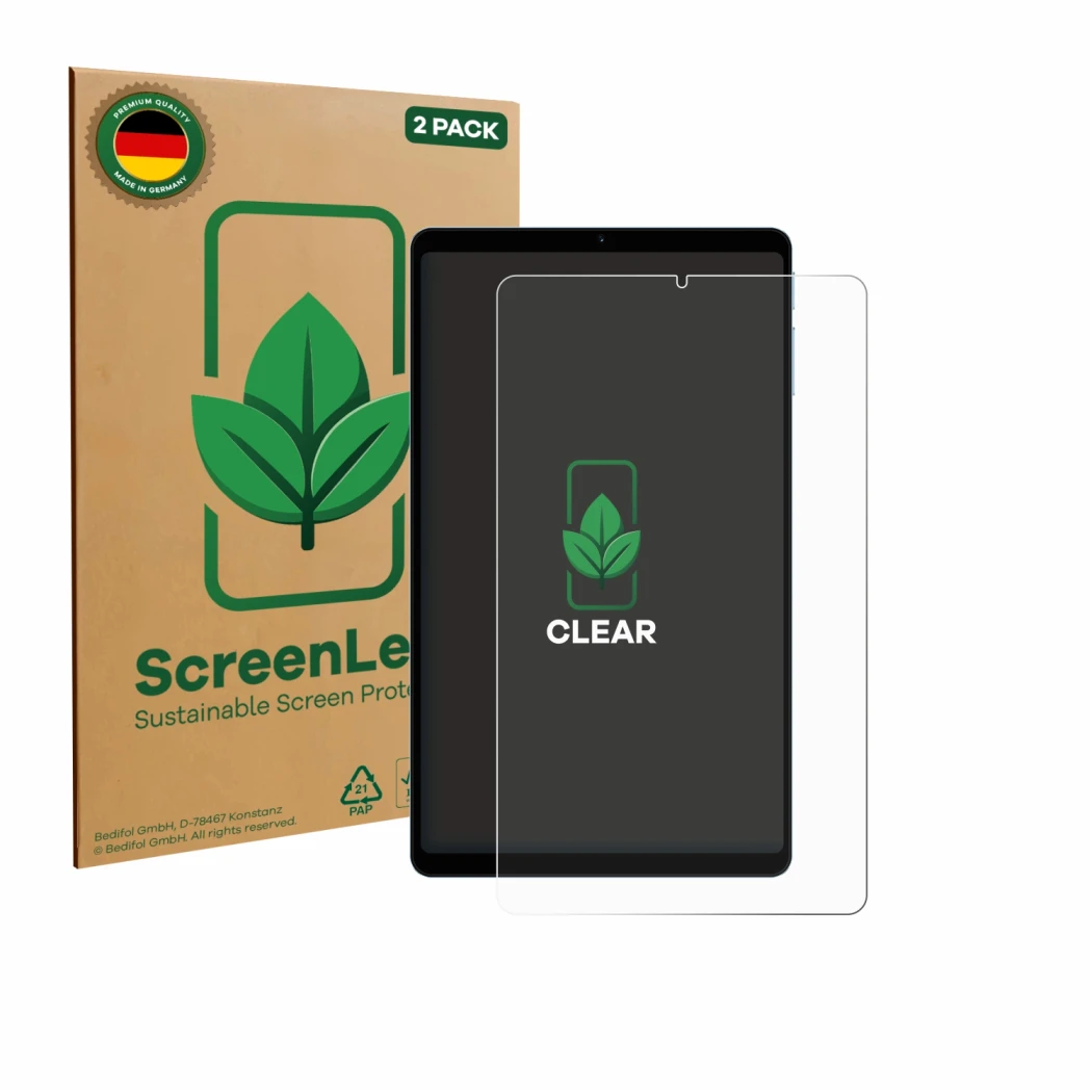 Vorderseite einer Produktverpackung mit dem Markenlogo ScreenLeaf. Daneben ist das Gerät Teclast T50 Mini mit dem zugehörigen 