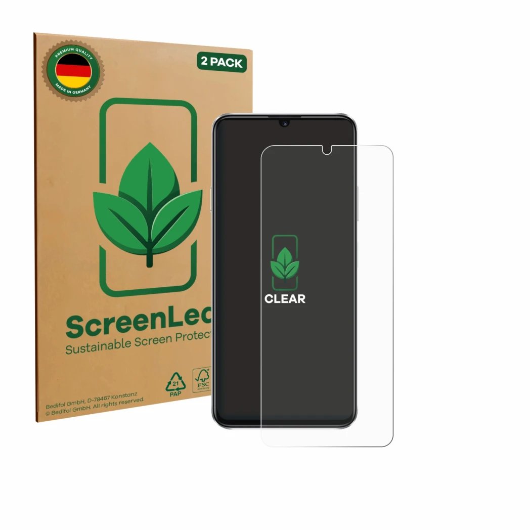 Vorderseite einer Produktverpackung mit dem Markenlogo ScreenLeaf. Daneben ist das Gerät Huawei Nova Y63 mit dem zugehörigen D