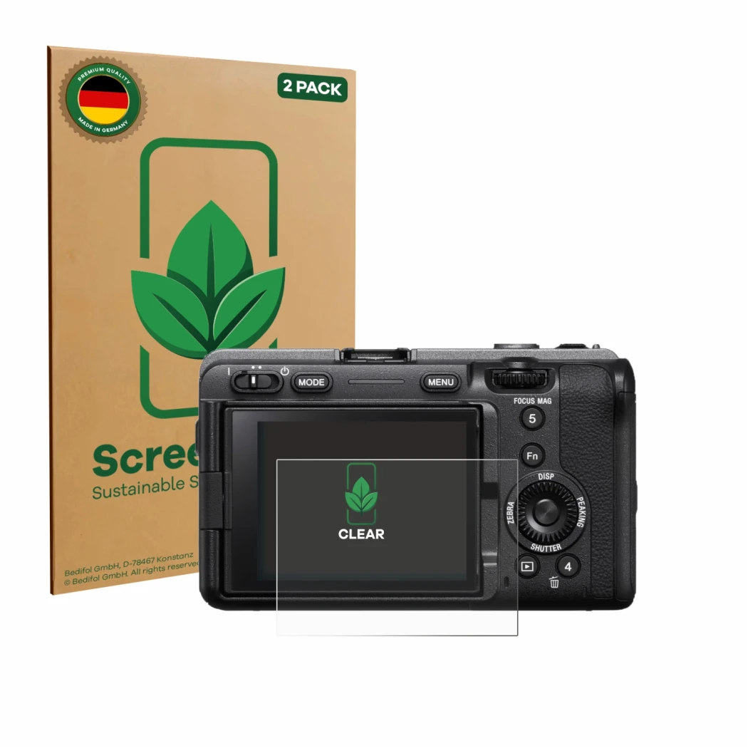 Vorderseite einer Produktverpackung mit dem Markenlogo ScreenLeaf. Daneben ist das Gerät Sony FX3A (ILME‑FX3A) mit dem zugehör