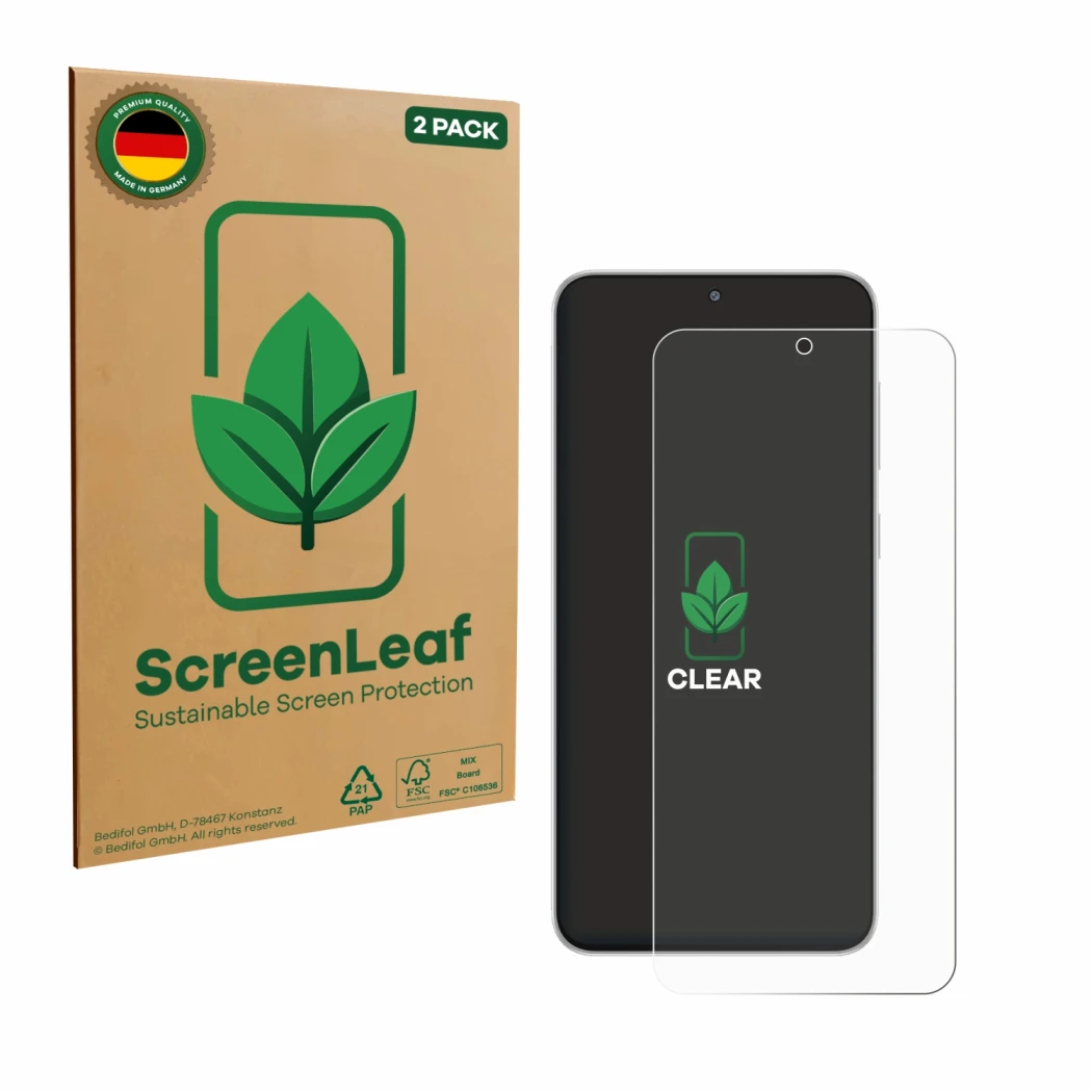 Vorderseite einer Produktverpackung mit dem Markenlogo ScreenLeaf. Daneben ist das Gerät Samsung Galaxy M56 mit dem zugehörige