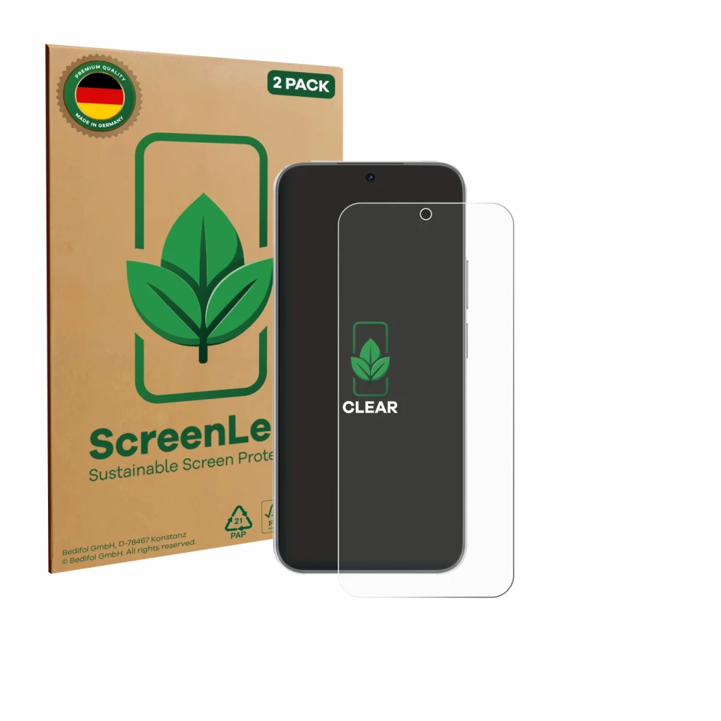 Vorderseite einer Produktverpackung mit dem Markenlogo ScreenLeaf. Daneben ist das Gerät Huawei Nova 15 mit dem zugehörigen Di