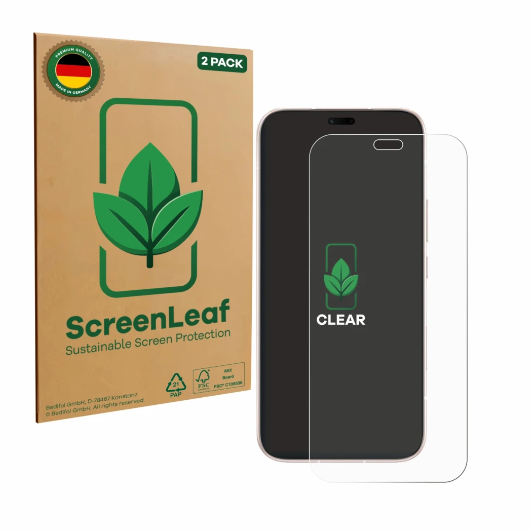 Vorderseite einer Produktverpackung mit dem Markenlogo ScreenLeaf. Daneben ist das Gerät Honor 600 Lite mit dem zugehörigen Di