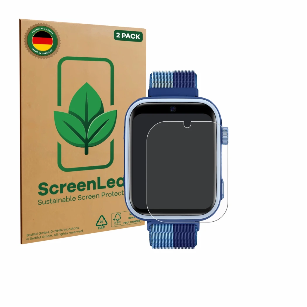 Vorderseite einer Produktverpackung mit dem Markenlogo ScreenLeaf. Daneben ist das Gerät Oliimptek T45 mit dem zugehörigen Dis