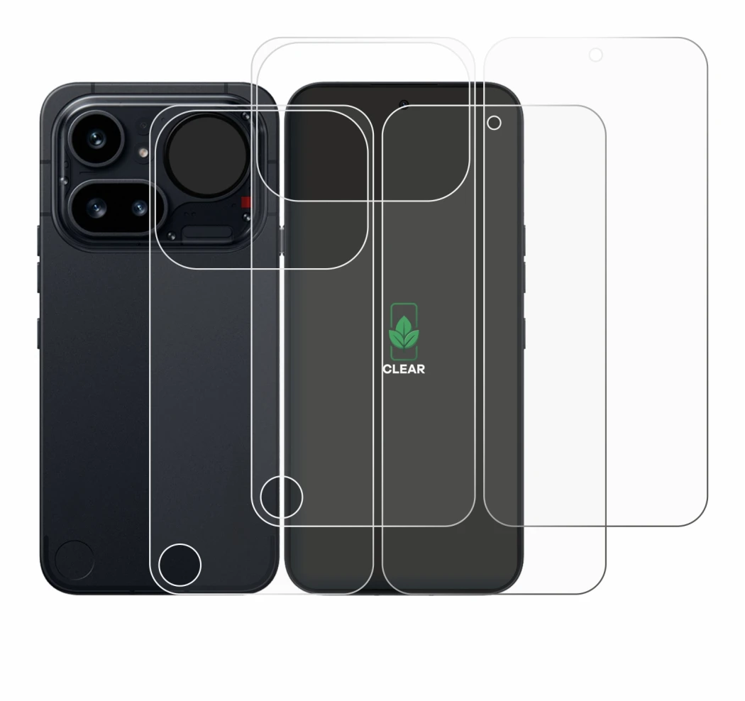Abbildung des Geräts Nothing Phone (4a) Pro (Display+Rückseite) mit einer Vielzahl des Displayschutzes.