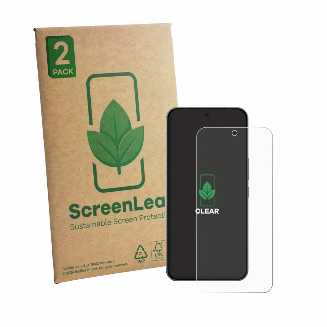 Vorderseite einer Produktverpackung mit dem Markenlogo ScreenLeaf. Daneben ist das Gerät Oppo K15 Pro mit dem zugehörigen Disp