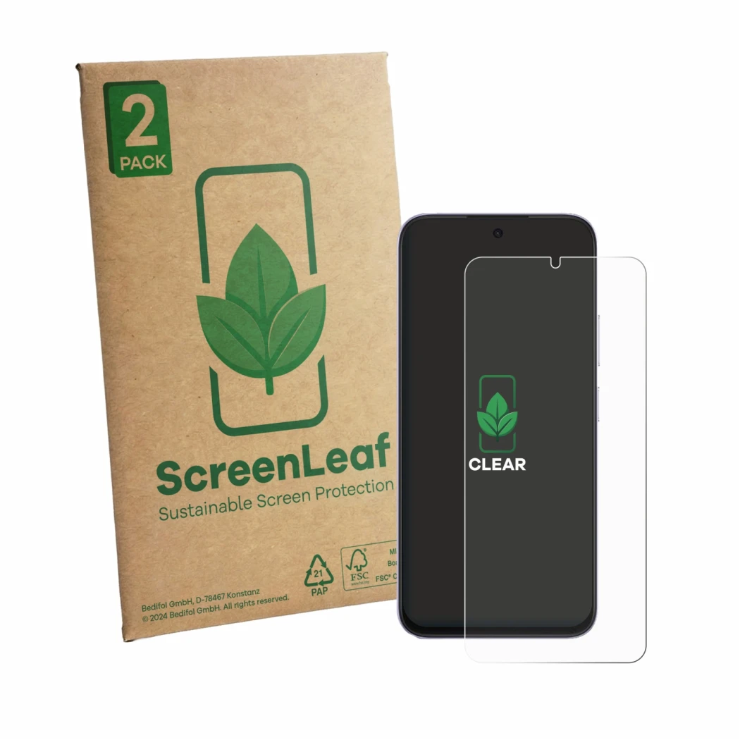 Vorderseite einer Produktverpackung mit dem Markenlogo ScreenLeaf. Daneben ist das Gerät Honor Play 80 mit dem zugehörigen Dis