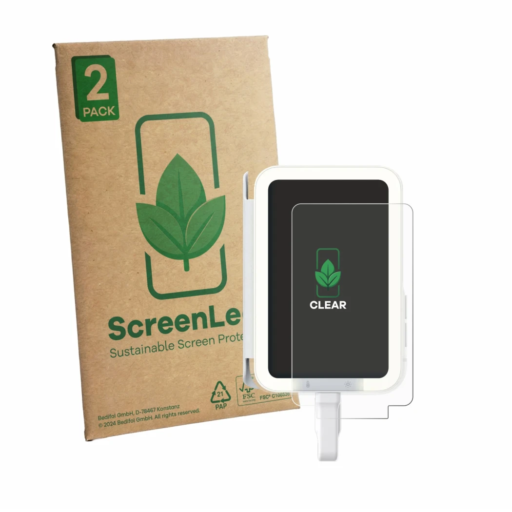 Vorderseite einer Produktverpackung mit dem Markenlogo ScreenLeaf. Daneben ist das Gerät Insta360 Snap mit dem zugehörigen Dis