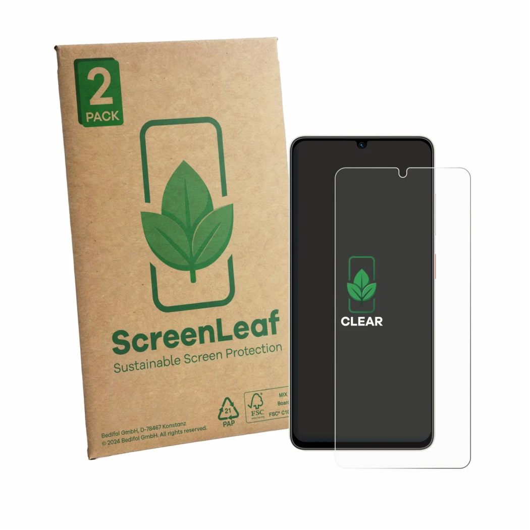 Vorderseite einer Produktverpackung mit dem Markenlogo ScreenLeaf. Daneben ist das Gerät ZTE Blade A56 mit dem zugehörigen Dis
