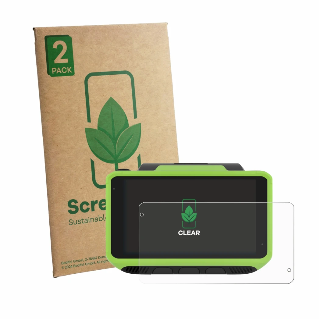 Vorderseite einer Produktverpackung mit dem Markenlogo ScreenLeaf. Daneben ist das Gerät Zebra WT6400 mit dem zugehörigen Disp