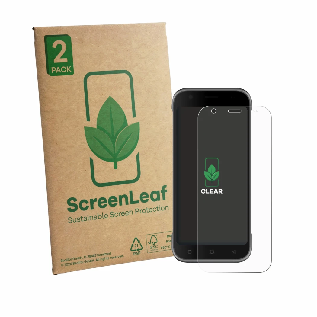Vorderseite einer Produktverpackung mit dem Markenlogo ScreenLeaf. Daneben ist das Gerät Bluebird S10 mit dem zugehörigen Disp