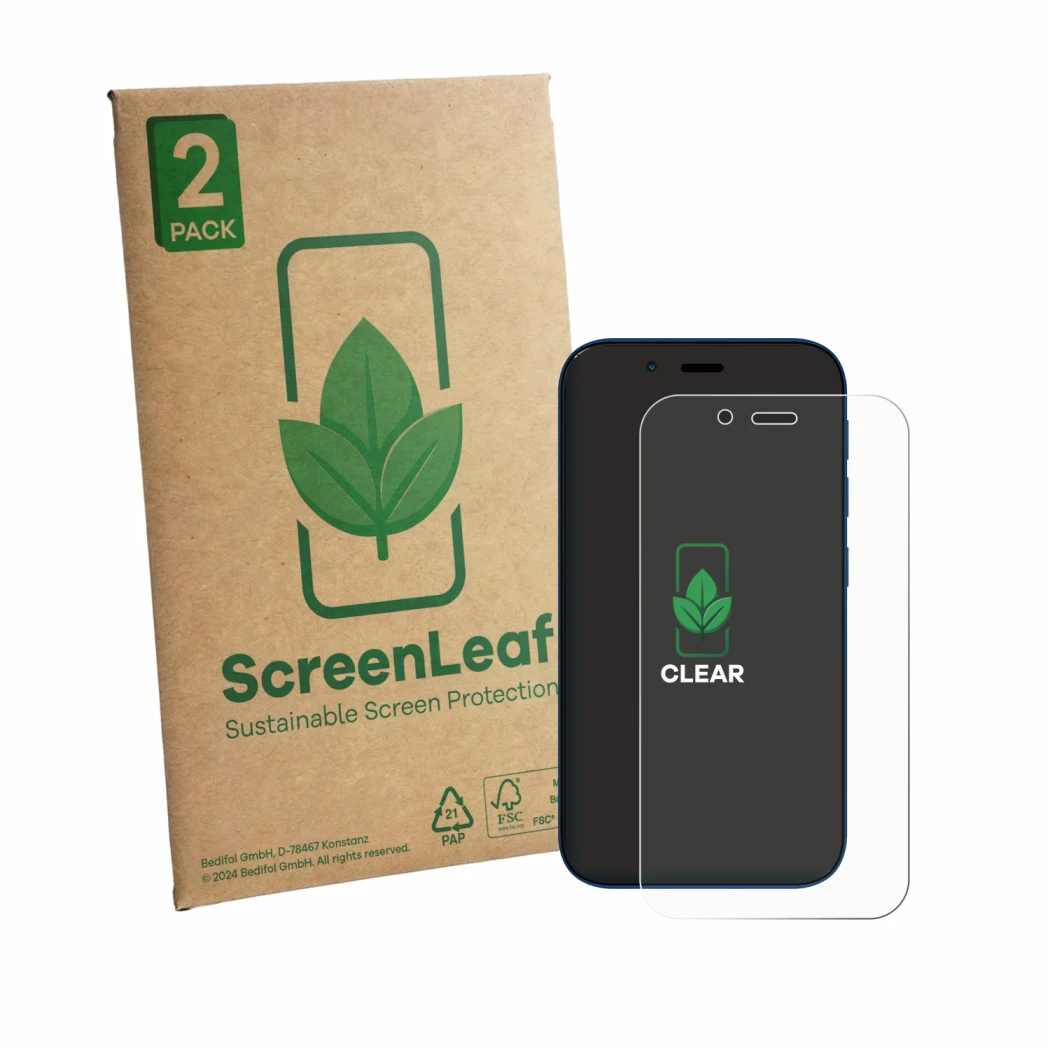 Vorderseite einer Produktverpackung mit dem Markenlogo ScreenLeaf. Daneben ist das Gerät Hisense U964 mit dem zugehörigen Disp
