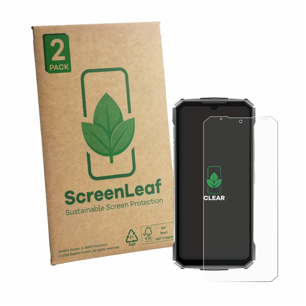 Vorderseite einer Produktverpackung mit dem Markenlogo ScreenLeaf. Daneben ist das Gerät Doogee Fire 7 Ultra mit dem zugehörig