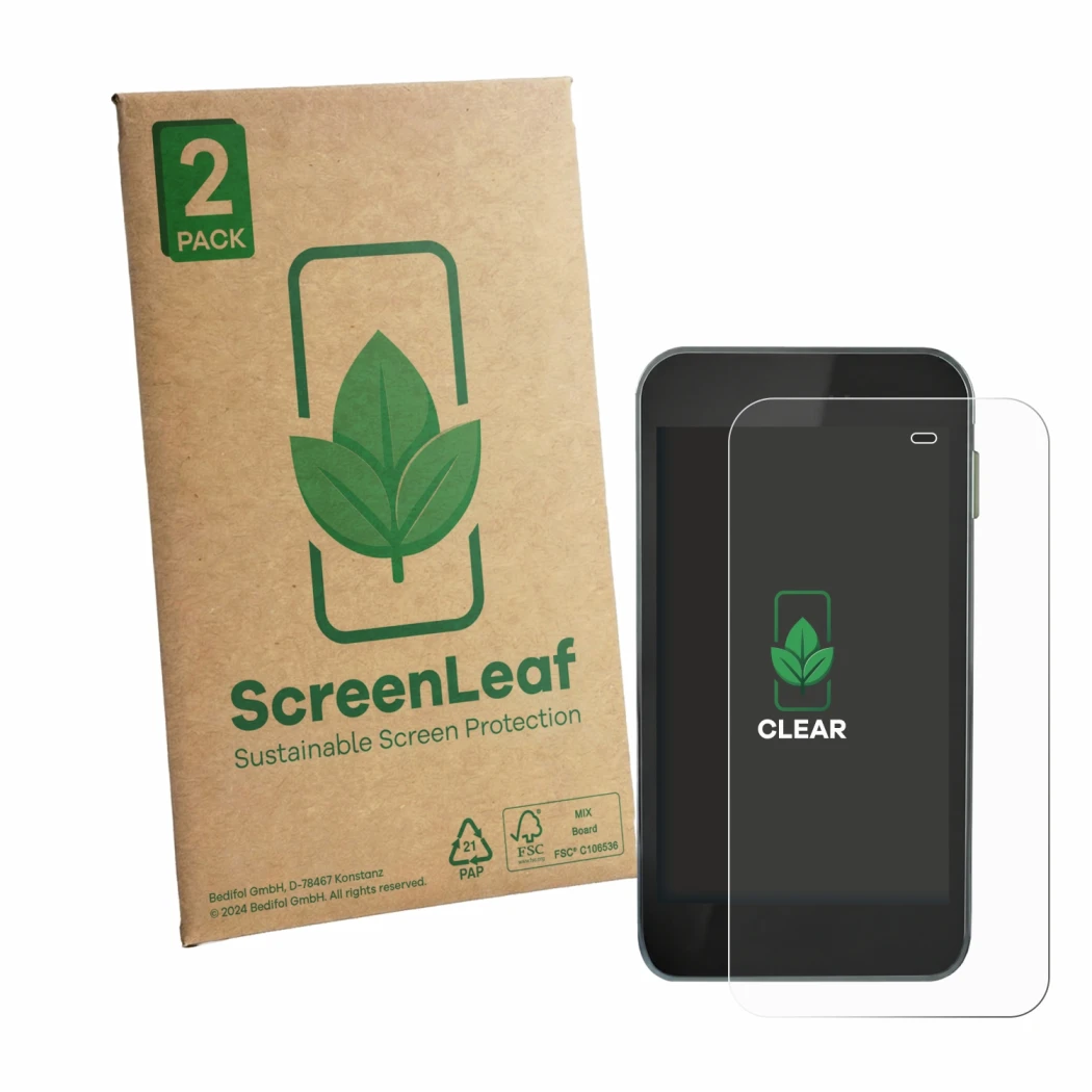 Vorderseite einer Produktverpackung mit dem Markenlogo ScreenLeaf. Daneben ist das Gerät Equil Patch 200U mit dem zugehörigen 