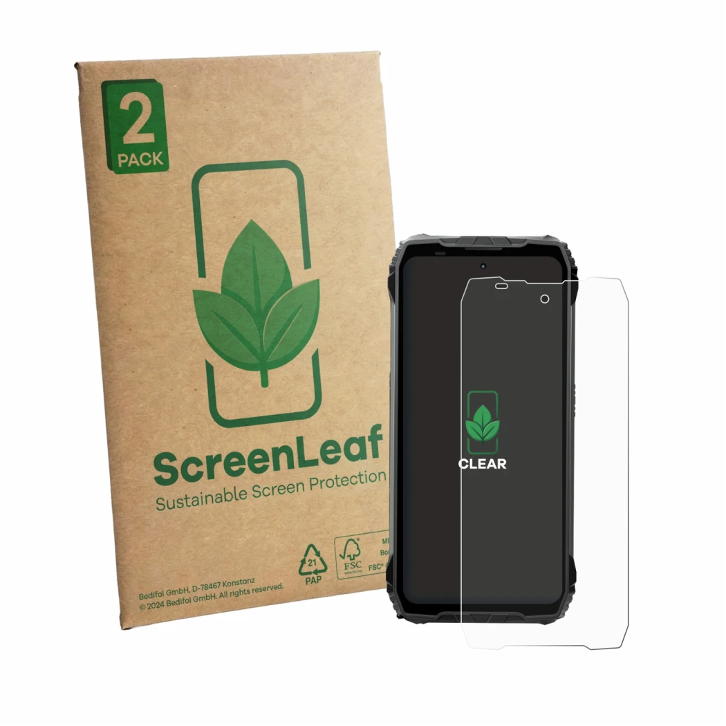 Vorderseite einer Produktverpackung mit dem Markenlogo ScreenLeaf. Daneben ist das Gerät Blackview Fort 200 mit dem zugehörige