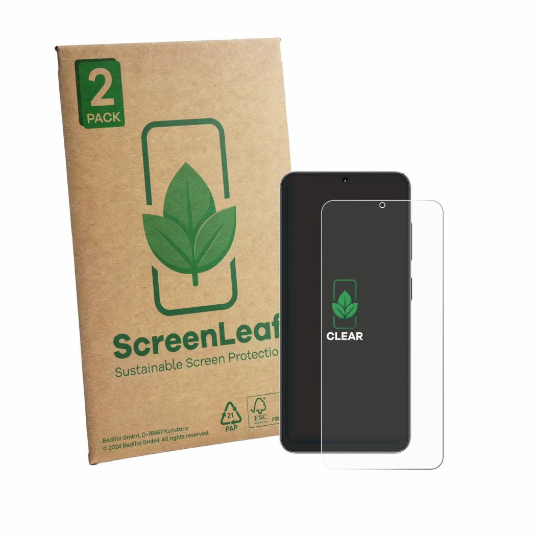 Vorderseite einer Produktverpackung mit dem Markenlogo ScreenLeaf. Daneben ist das Gerät Hotwav A16 Pro Max mit dem zugehörige