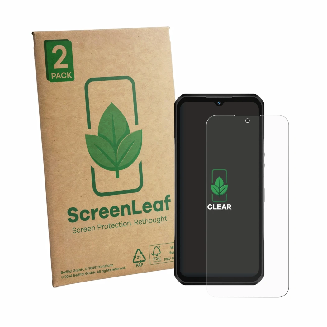 Vorderseite einer Produktverpackung mit dem Markenlogo ScreenLeaf. Daneben ist das Gerät Oukitel WP66 mit dem zugehörigen Disp