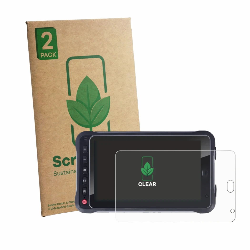 Vorderseite einer Produktverpackung mit dem Markenlogo ScreenLeaf. Daneben ist das Gerät Hugerock X72 mit dem zugehörigen Disp