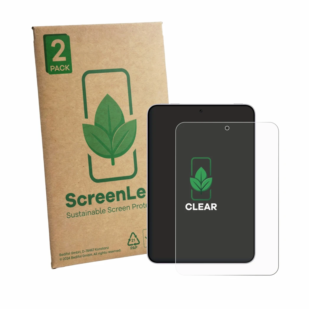 Vorderseite einer Produktverpackung mit dem Markenlogo ScreenLeaf. Daneben ist das Gerät Oppo Pad Mini mit dem zugehörigen Dis