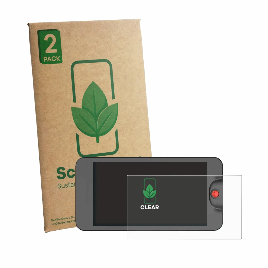 Vorderseite einer Produktverpackung mit dem Markenlogo ScreenLeaf. Daneben ist das Gerät Osee T5 Plus mit dem zugehörigen Disp