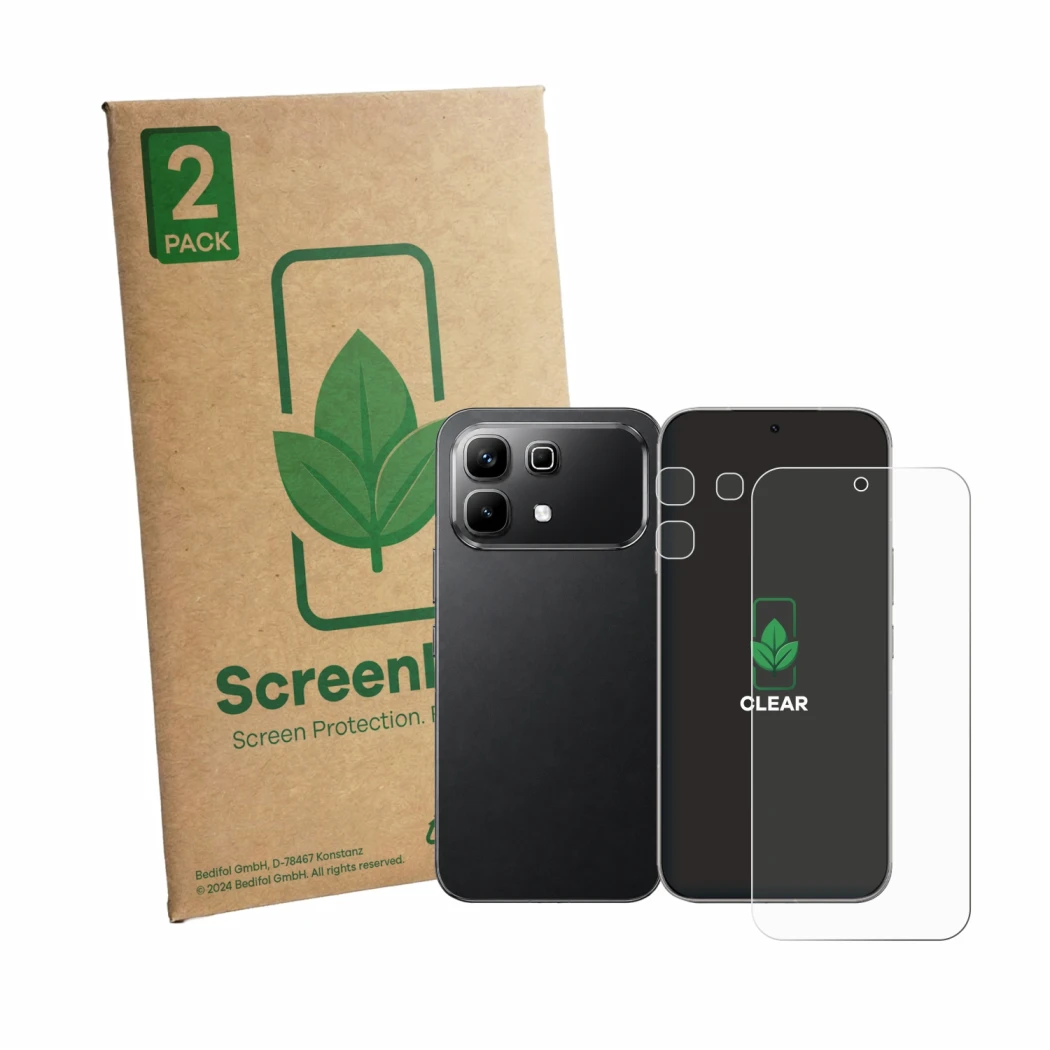 Vorderseite einer Produktverpackung mit dem Markenlogo ScreenLeaf. Daneben ist das Gerät Infinix Note 60 (Display+Kamera) mit 