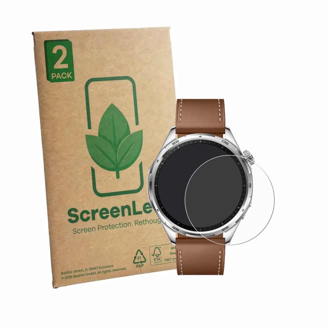 Vorderseite einer Produktverpackung mit dem Markenlogo ScreenLeaf. Daneben ist das Gerät Honor Watch 6 mit dem zugehörigen Dis